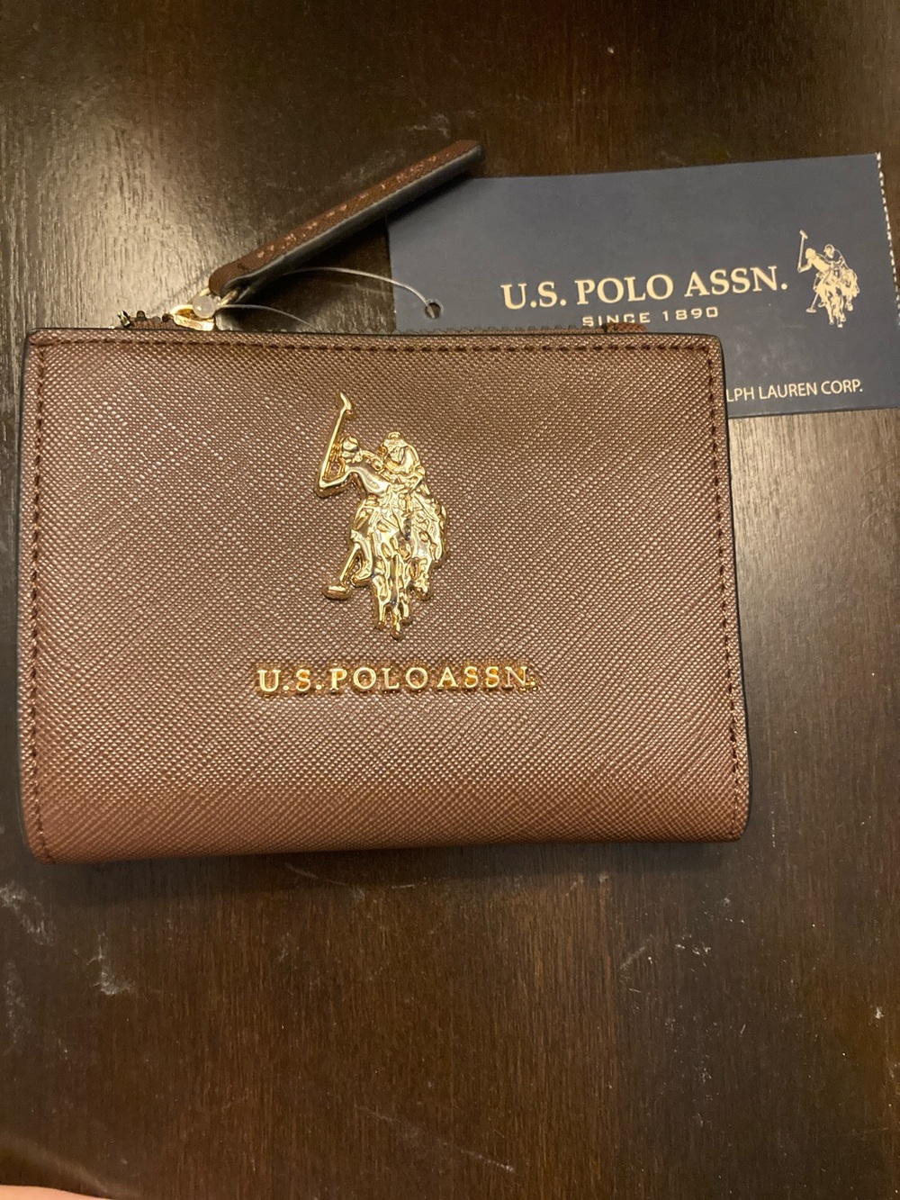U.S. Polo Assn. Brown Leather Zip Wallet with Gold Logo
